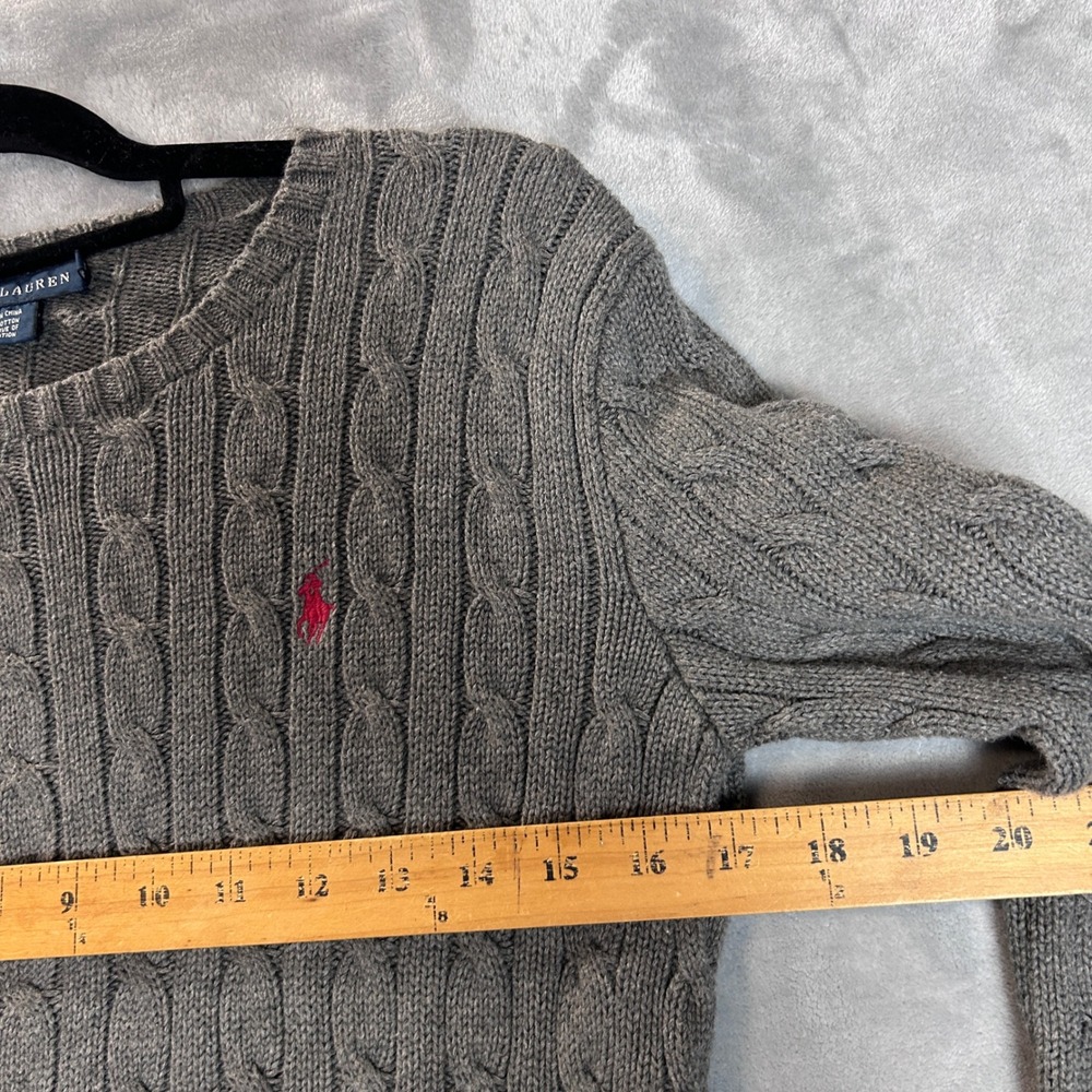 Polo Ralph Lauren Sweater Grey Cable Knit Cotton Red Pony Logo Mens Medium - Picture 4 of 9